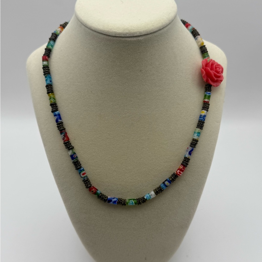 Vintage Millefiori Beaded Necklace with Carved Rose Accent & Bird Clasp
